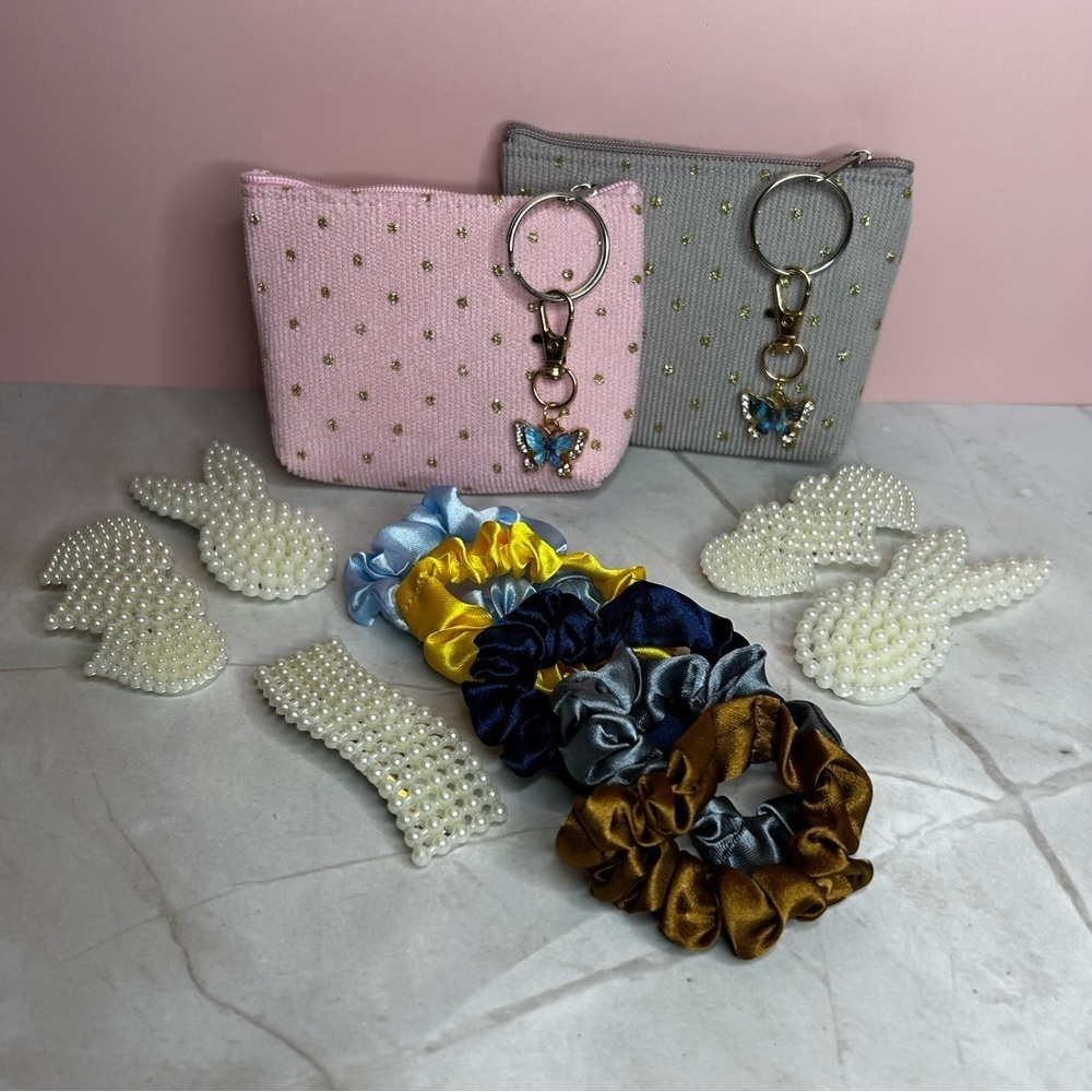 14 Piece Hair Accessories with Storage Pouches and Dazzling Butterfly Keychains